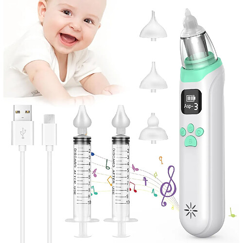 YESKAMO Aspirateur Nasal Électrique pour Bébé, 2 en 1 Aspirateur Nasal Multifiction pour Nouveau-nés, avec 3 Niveaux d'Aspiration, 3 Embouts en Silicone, Niveau d'Aspiration Réglable Anti-Reflux, Musique, Lumière