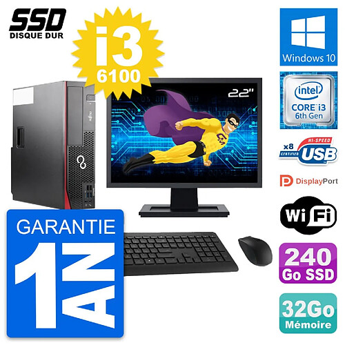 PC Fujitsu D556 DT Ecran 22" Intel i3-6100 RAM 32Go SSD 240Go Windows 10 Wifi · Occasion