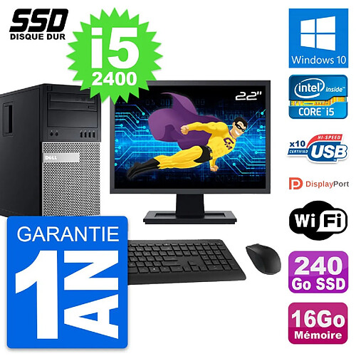 PC Tour Dell 990 Ecran 22" Intel Core i5-2400 RAM 16Go SSD 240Go Windows 10 Wifi · Occasion