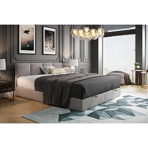 TRADA Lit adulte rembourré ROYAL avec rangement et matelas ressorts intégré dans le cadre du lit en 140×200 gris clair