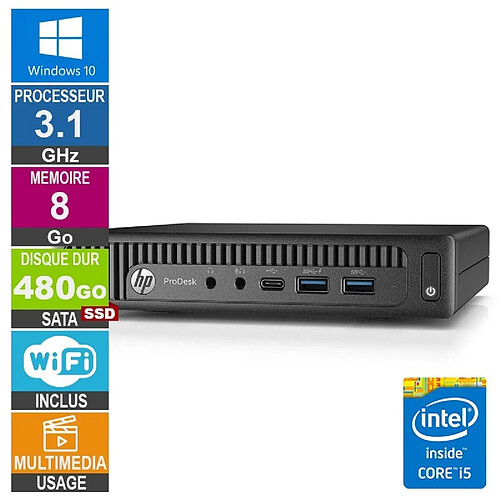 HP 600 G2 Mini i5-6500T 3.10GHz 8Go/480Go SSD Wifi W10 · Reconditionné