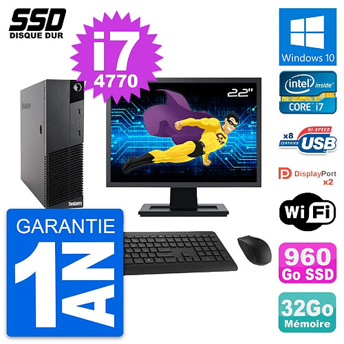 PC Lenovo M83 SFF Ecran 22" Intel i7-4770 RAM 32Go SSD 960Go Windows 10 Wifi · Occasion