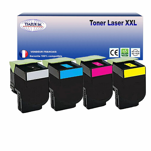 T3Azur 702- Lot de 4 Toners compatibles avec Lexmark CS310dn, CS310n (Noir+Couleur)