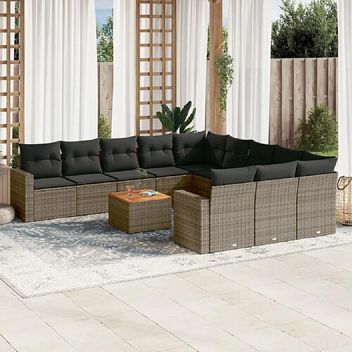 vidaXL Salon de jardin avec coussins 12 pcs gris résine tressée