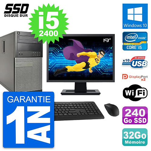 PC Tour Dell 9010 Ecran 19" Intel i5-2400 RAM 32Go SSD 240Go Windows 10 Wifi · Occasion