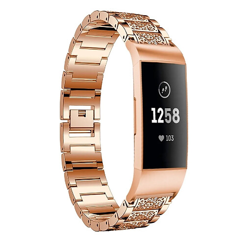 Wewoo Bracelet pour montre connectée en acier inoxydable serti de diamants Fitbit Charge 3 or rose