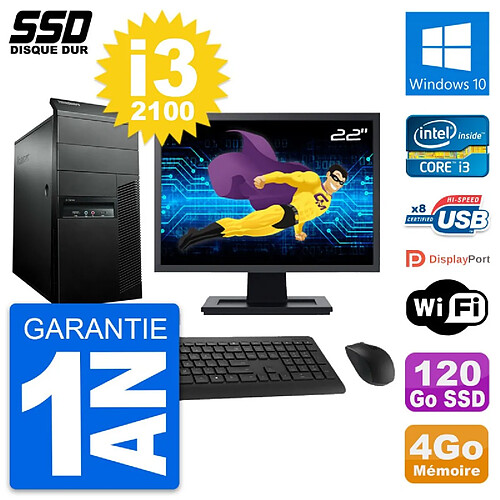 PC Tour Lenovo M91p Ecran 22" Intel i3-2100 RAM 4Go SSD 120Go Windows 10 Wifi · Occasion