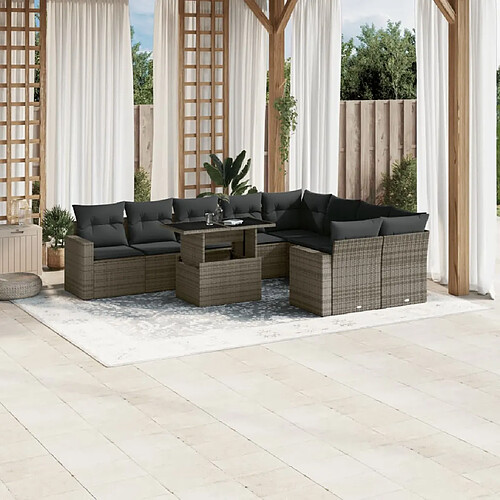 vidaXL Salon de jardin avec coussins 10 pcs gris résine tressée