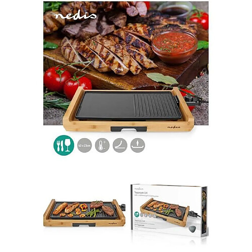 NEDIS Plancha grill électrique en aluminium Bois bambou 1800 W 43 X 23 cuisson antiadhésive plaque teppanyaki