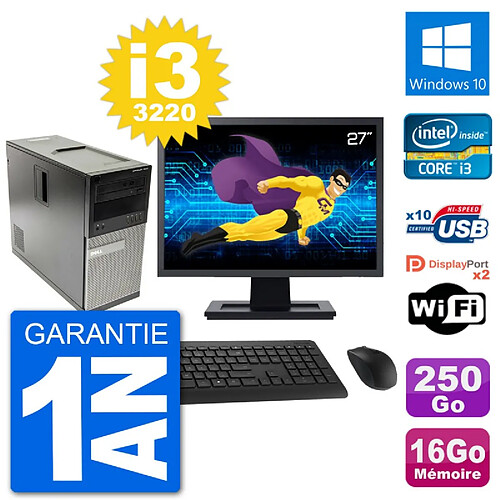 PC Tour Dell 7010 Ecran 27" Intel i3-3220 RAM 16Go Disque 250Go Windows 10 Wifi · Occasion