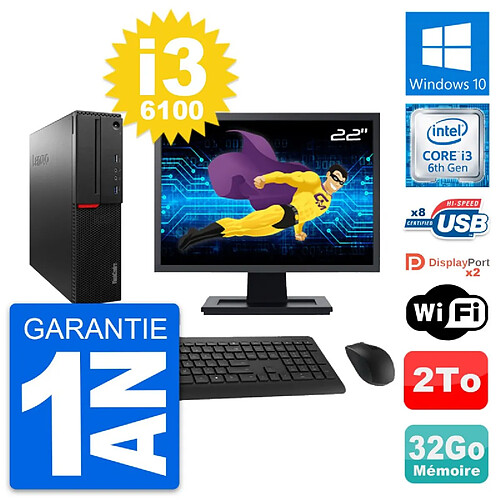 PC Lenovo M800 SFF Ecran 22" Intel i3-6100 RAM 32Go Disque 2To Windows 10 Wifi · Occasion