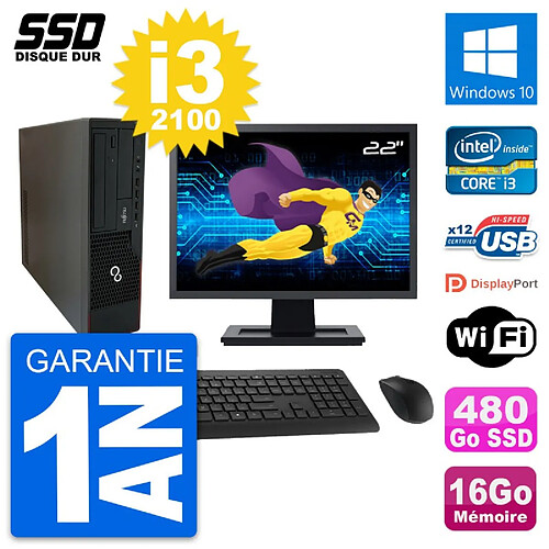 PC Fujitsu E910 DT Ecran 22" Intel i3-2100 RAM 16Go SSD 480Go Windows 10 Wifi · Occasion