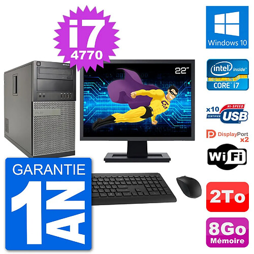 PC Tour Dell 7020 Ecran 22" Intel i7-4770 RAM 8Go Disque 2To Windows 10 Wifi · Occasion