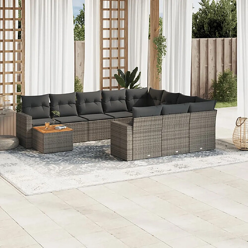 vidaXL Salon de jardin 11 pcs avec coussins gris résine tressée