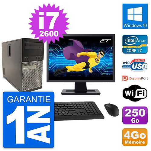 PC Tour Dell 790 MT Ecran 27" Intel i7-2600 RAM 4Go Disque 250Go Windows 10 Wifi · Occasion