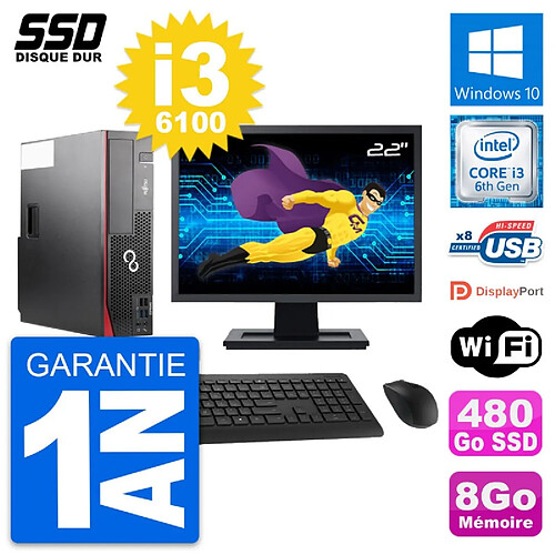 PC Fujitsu D556 DT Ecran 22" Intel i3-6100 RAM 8Go SSD 480Go Windows 10 Wifi · Occasion