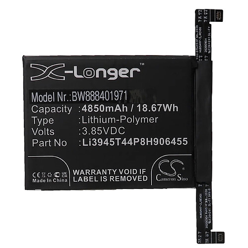 vhbw Batterie remplacement pour ZTE Li3945T44P8H906455 pour smartphone (4850mAh, 3,85V, Li-polymère)