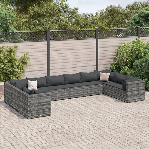 vidaXL Salon de jardin 10 pcs avec coussins Gris Résine tressée