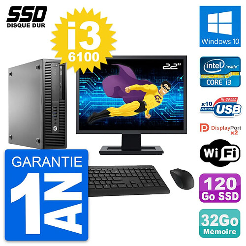 PC HP EliteDesk 800 G2 SFF Ecran 22" i3-6100 RAM 32Go SSD 120Go Windows 10 Wifi · Occasion