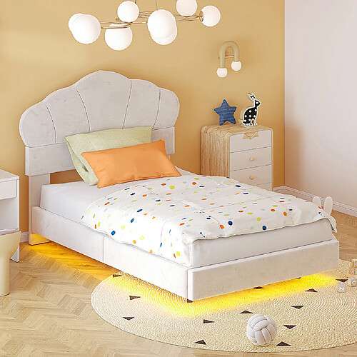 Sweiko Lit enfant 90x200 cm avec barre de LED sur le pourtour tête de lit en forme de nuage pied de lit caché lit simple beige