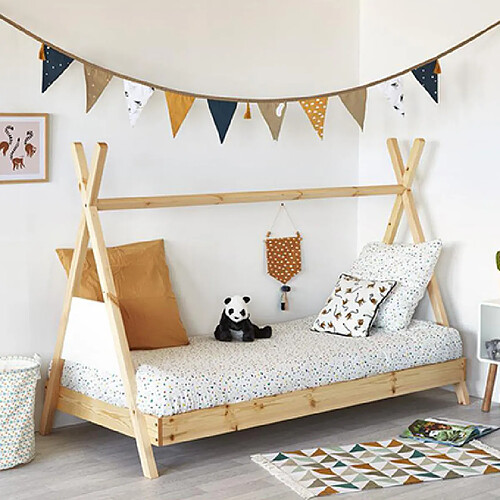 Mes Lit tipi enfant 90x190 cm en pin naturel avec sommier à lattes