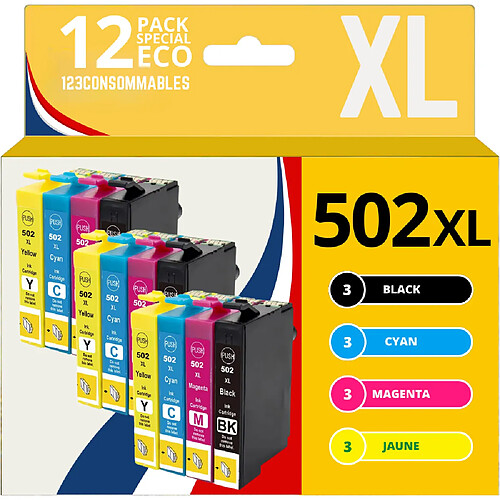 123CONSOMMABLES - 502XL - Cartouche d'encre pour Epson 502 XL pour Epson Expression Home XP-5100 XP5100 XP-5105 XP-5150 XP-5155 Workforce WF-2860 WF-2865 WF-2880 WF-2885