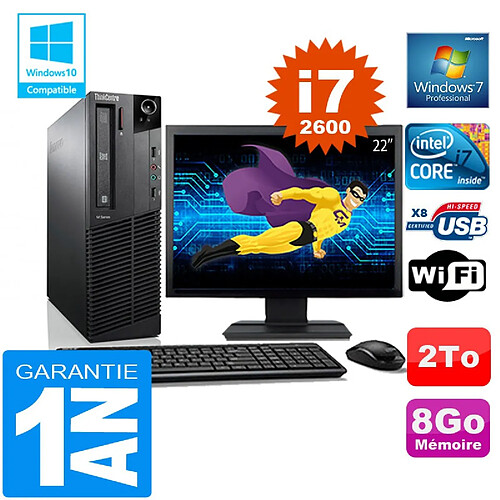 PC Lenovo M92p SFF Core I7-2600 Ram 8Go Disque 2 To Wifi W7 Ecran 22" · Occasion