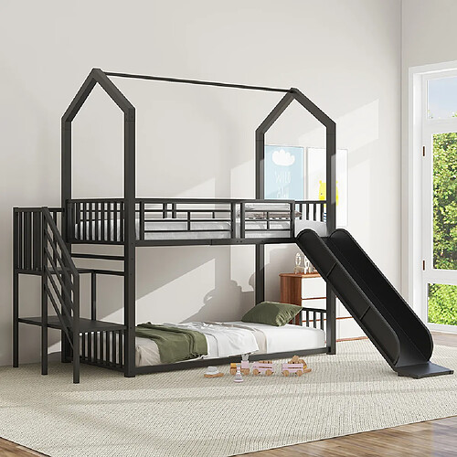 Sweiko Lit superposé Lit jeune 90x200 cm lit à cadre en fer avec escalier coulissant escaliers noir