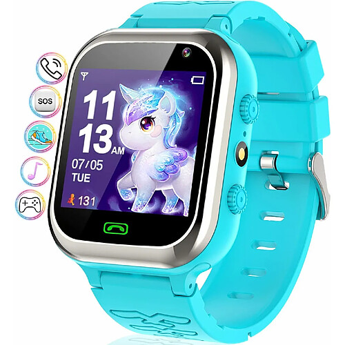 Vendos85 Montre Connectée Enfant Intelligente Two-Way Call Smartwatch Téléphone SOS Jeux Réveil bleu clair