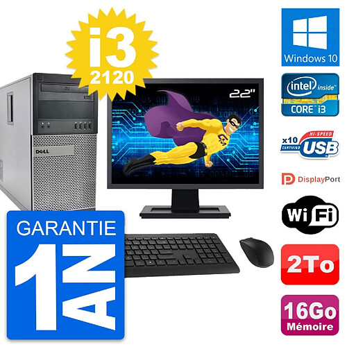 PC Tour Dell 990 Ecran 22" Intel i3-2120 RAM 16Go Disque Dur 2To Windows 10 Wifi · Occasion