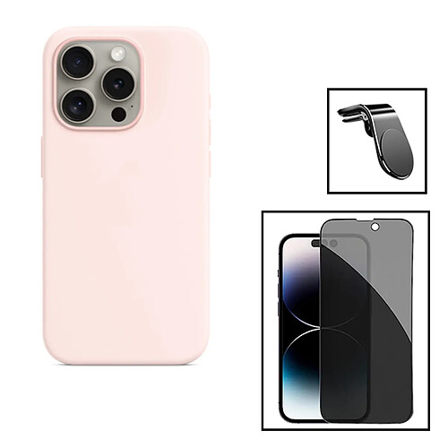 PHONECARE Kit Film Verre Trempé 5D Anti-Spy + Coque Silicone Liquide + Support Magnétique L Safe Driving Voiture pour Apple iPhone 15 - Rose