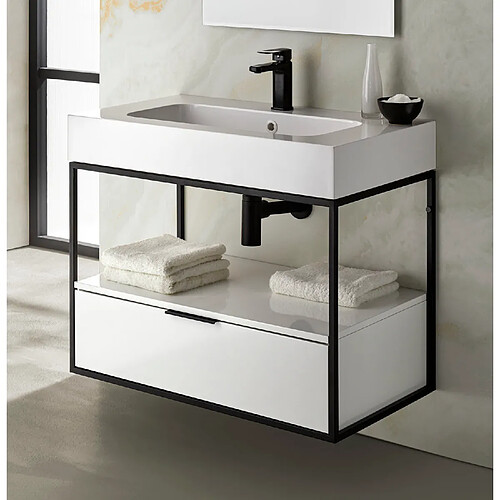 Pegane Meuble de salle de bain avec 1 tiroir suspendu blanc brillant avec plan moulé - Longueur 80 x Hauteur 54 x Profondeur 46 cm