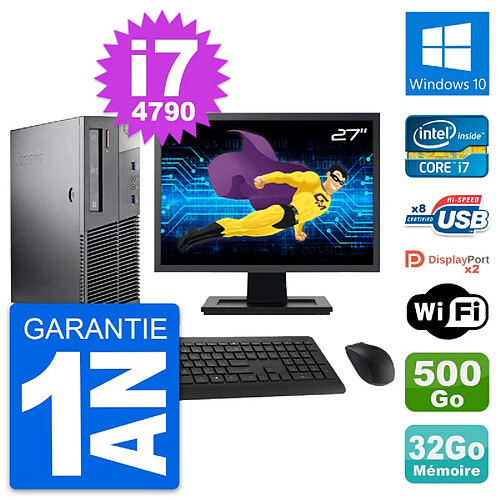 PC Lenovo M93p SFF Ecran 27" Intel i7-4790 RAM 32Go Disque 500Go Windows 10 Wifi · Occasion