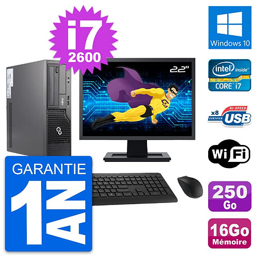 PC Fujitsu E500 DT Ecran 22" Intel i7-2600 RAM 16Go Disque 250Go Windows 10 Wifi · Occasion