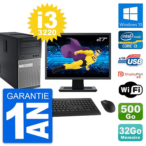 PC Tour Dell 9010 Ecran 27" Intel i3-3220 RAM 32Go Disque 500Go Windows 10 Wifi · Occasion