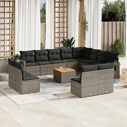 vidaXL Salon de jardin avec coussins 13 pcs gris résine tressée