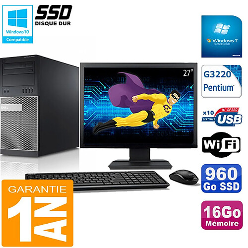 PC Tour DELL 9020 Intel G3220 Ram 16Go Disque 960 Go SSD Wifi W7 Ecran 27" · Occasion