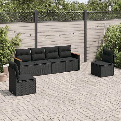 vidaXL Salon de jardin 6 pcs avec coussins noir résine tressée