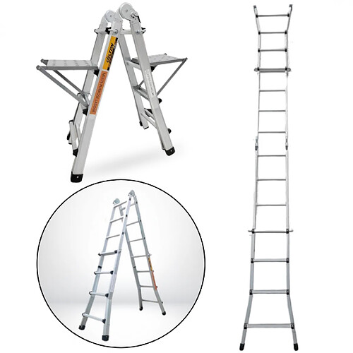 Secury-T Échelle articulée pliante et télescopique en aluminium 4x4 marches 3,88m + 2 tablettes