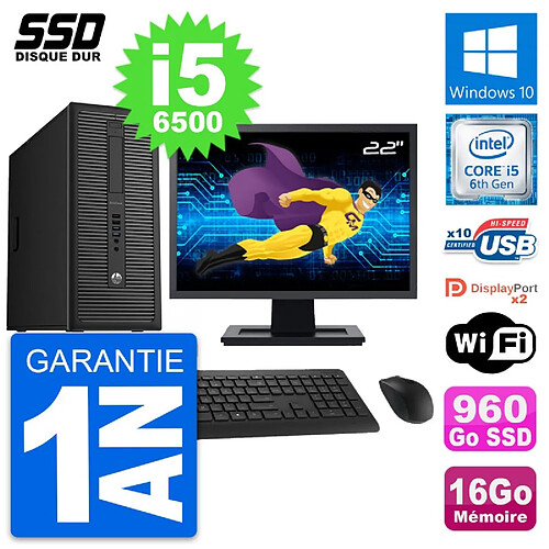 PC Tour HP EliteDesk 800 G2 Ecran 22" i5-6500 RAM 16Go SSD 960Go Windows 10 Wifi · Occasion