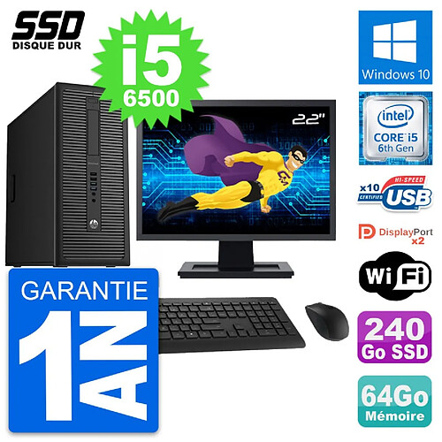 PC Tour HP EliteDesk 800 G2 Ecran 22" i5-6500 RAM 64Go SSD 240Go Windows 10 Wifi · Occasion