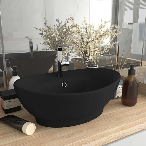 vidaXL Lavabo ovale de luxe à trop-plein Noir mat 58,5x39 cm Céramique