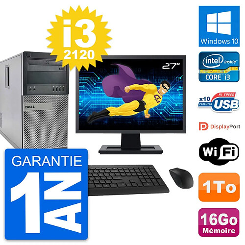 PC Tour Dell 990 Ecran 27" Intel i3-2120 RAM 16Go Disque Dur 1To Windows 10 Wifi · Occasion