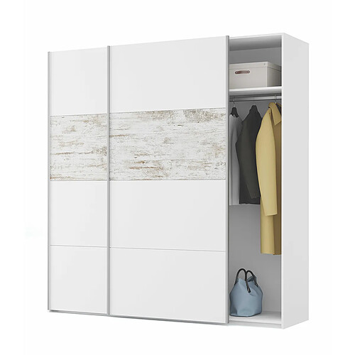 Pegane Armoire avec 2 Portes Coulissantes coloris blanc / artic vintage - longueur 180 cm x Hauteur 200 cm x Profondeur 60 cm