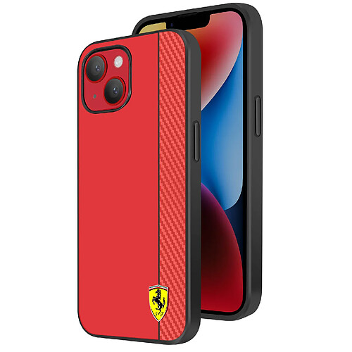 Ferrari Coque pour iPhone 14 Bi-matière Effet Carbone Compatible QI Rouge