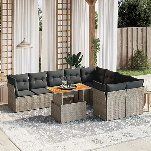 vidaXL Salon de jardin avec coussins 10 pcs gris résine tressée