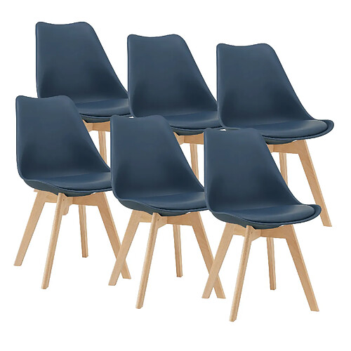 Lot de 6 Chaises de Salle à Manger Scandinave Siège Cuisine Plastique Similicuir Hêtre 81 x 49 x 57 cm Bleu [en.casa]