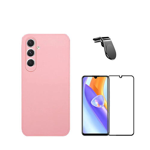 Jeu de films en verre trempé de la couverture 5D + Cas de silicone liquide + SuppOrt Magnétique L Voiture de conduite sécuritaire Phonecare pour Samsung Galaxy A15 5G - rose