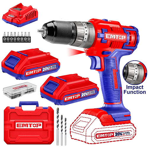 Perceuse visseuse à percussion Sans Fil EMTOP 20V avec 1 chargeur + 2 Batteries Lithium-ion 2.0Ah 45Nm 18+1+1 Réglages de Couple 2 Vitesses LED 55 Accessoires 3 forets à maçonnerie Boîte en plastique+EMTOP