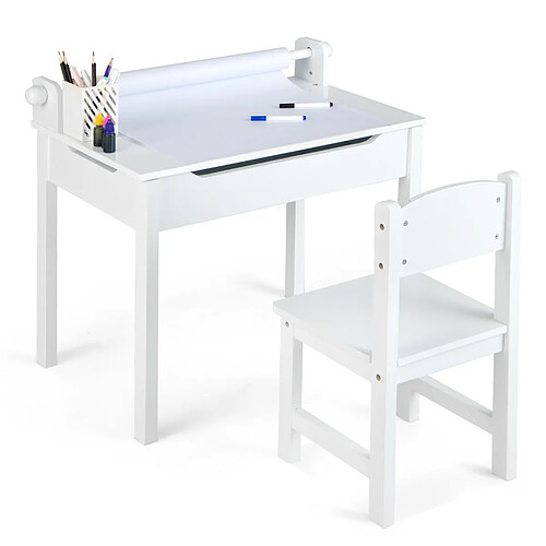 Helloshop26 Bureau pour enfants avec tabouret et plateau rabattable table à dessin en pin polyvalent avec rouleau de papier pour enfants de 3 ans+ blanc 20_0008022